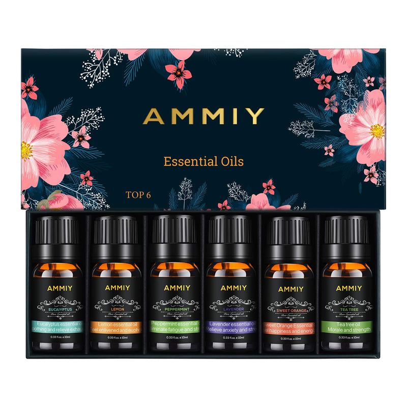 AMMIY Essential Oils Set of 6 x 10ml for Aromatherapy Bath Spa Diffuser Fragrance Relaxing Scent, Pure, Natural, Vegan Oils Including Eucalyptus, Lemon, Peppermint, Lavender, Sweet Orange, Tea Tree Black - BeesActive Australia