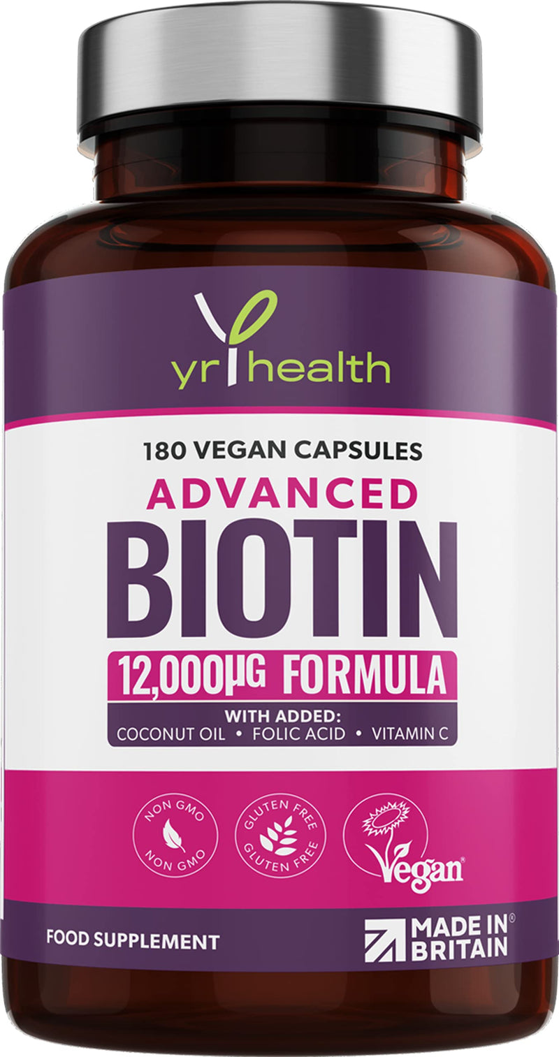 Biotin Hair Growth Supplement 12,000mcg, 180 Vegan Capsules not Biotin Tablets for Hair Skin and Nails with Coconut Oil, Vitamin C & Folic Acid, Vitamin B7 for Men and Women - Made in UK by YrHealth - BeesActive Australia