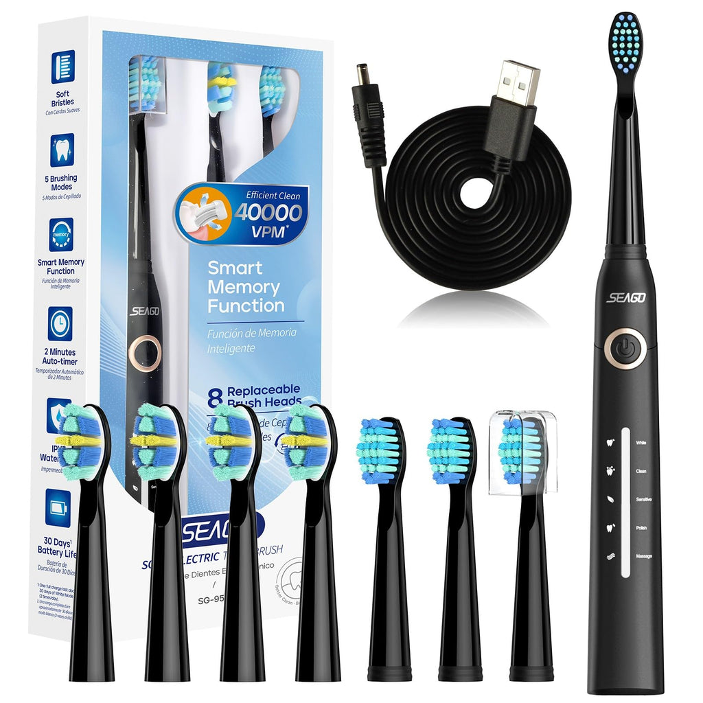 Sonic Electric Toothbrush, Rechargeable Power Toothbrush with 8 Brush Heads, Sonic Toothbrushes 40,000 VPM with 2 Minute Smart Timer, 5 Cleaning Modes with Teeth Whitening, Gift for Family, Black - BeesActive Australia