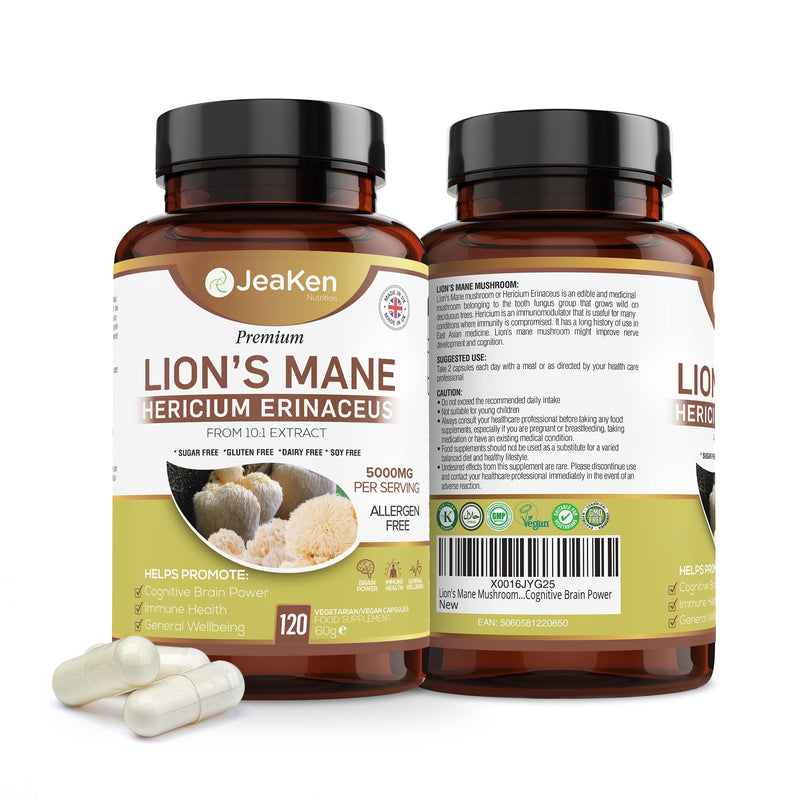 JeaKen - Lions Mane Mushroom, Immune System Booster and Brain Power Supplement, Promotes Cognitive Function and Wellness, 120 Vegan Lions Mane Capsules - BeesActive Australia