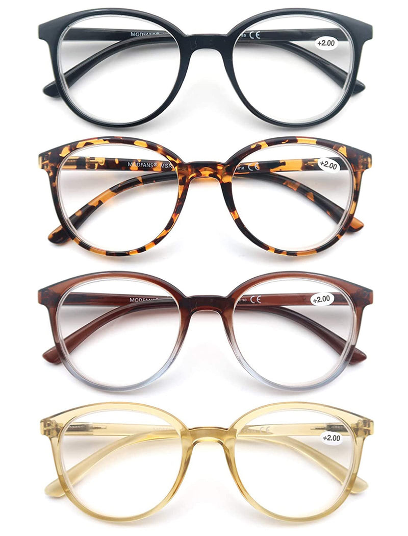 MODFANS 4-Pack Reading Glasses 3.0 Fashion Printed for Men Women,Eyeglasses Round Frame Comfort Spring Hinges,Readers Black-Brown-Tortoiseshell-Yellow +3.0 Magnification (Pack of 4) 4 Pack Mix Color - BeesActive Australia