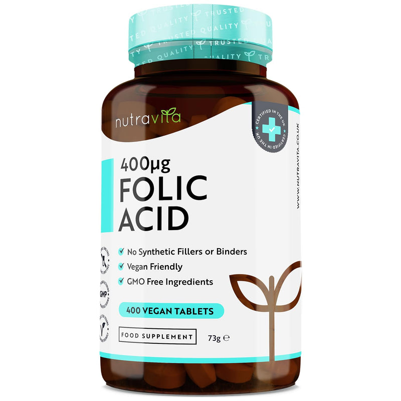 Folic Acid Tablets 400 mcg - 400 Vegan Vitamin B9 Tablets - 13 Month Supply - Pregnancy Care - Normal Function of Immune System & Maternal Tissue Growth During Pregnancy - Made in The UK by Nutravita - BeesActive Australia
