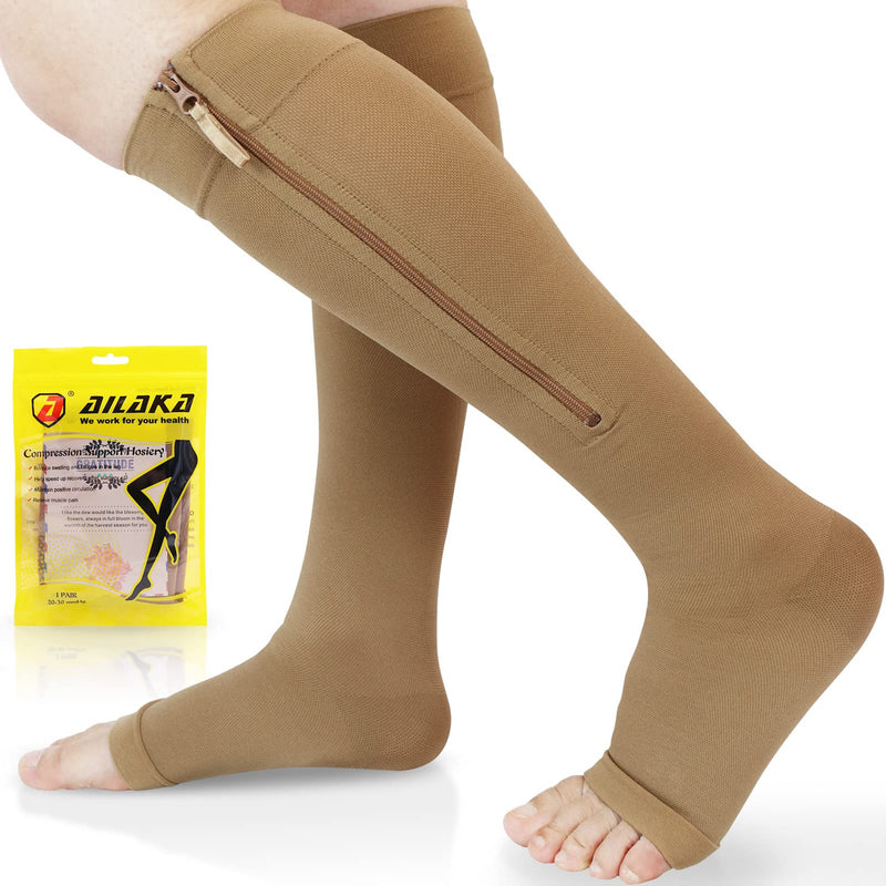 Plus Size Ailaka Medical Zipper Compression Calf Socks 20-30 mmHg for Women & Men, Knee High Open Toe Firm Support Graduated Varicose Veins Hosiery for Edema, Swelling, Pregnancy, Recovery 3X-Large Beige - BeesActive Australia