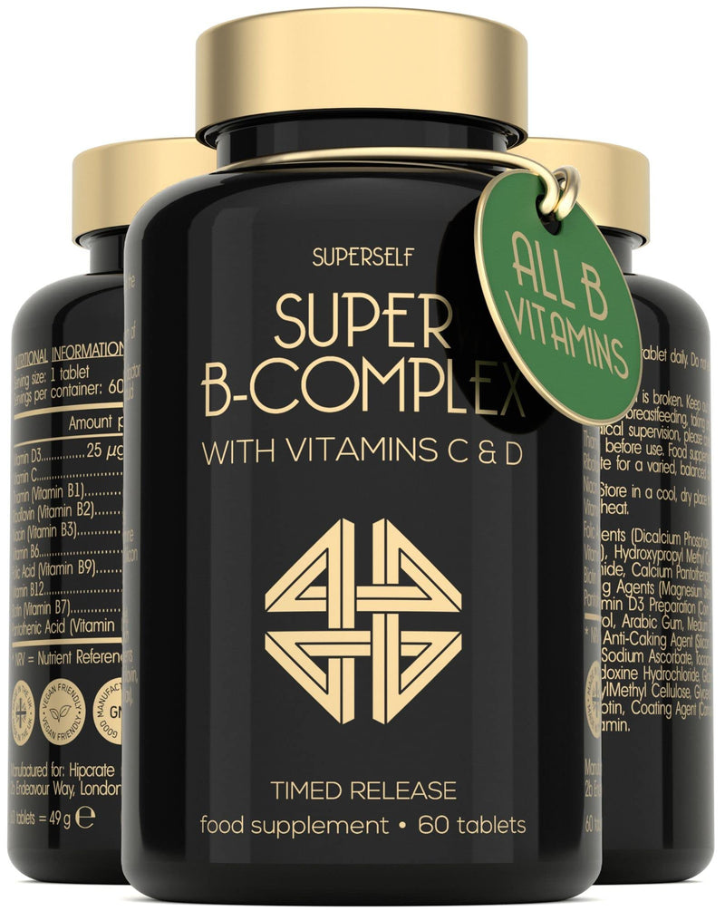 Vitamin B Complex High Strength - Slow Release Super B Complex 60 Tablets - Enriched with Vitamins D & C - Complete Vit B Supplement All 8 Vitamin B12, B6, Folic Acid, Biotin, B1, B2, B3, B5 - UK Made - BeesActive Australia