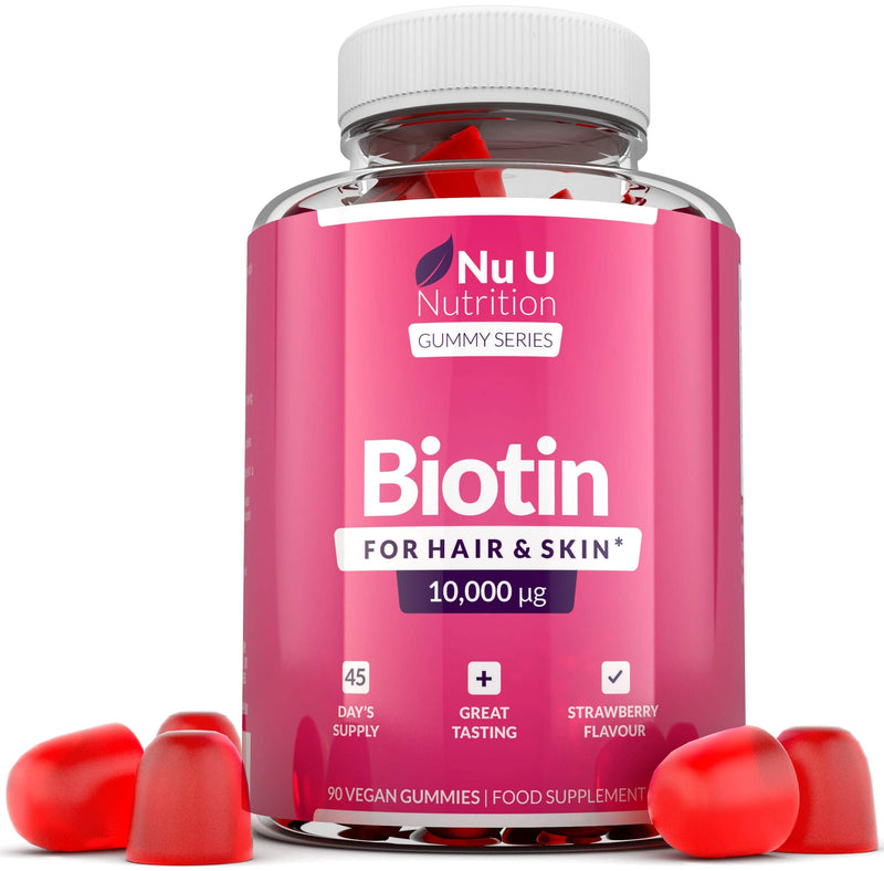 Biotin Hair Gummies 10,000mcg - 90 Vegan Gummies - 45 Day Supply - Strawberry Flavour - Supports Normal Skin & Hair Growth - Chewable Hair Vitamins - BeesActive Australia