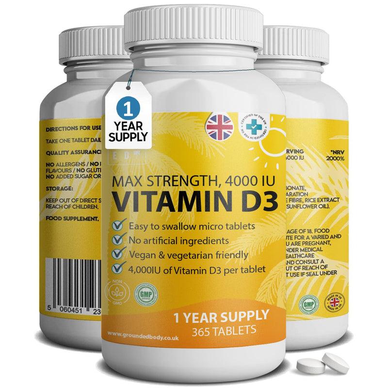 Vitamin D3 4000 IU Micro Tablets - 365 Day Supply, Easy to Swallow High Strength Premium Sunshine Vitamin | Max Strength Vitamin D Supplement, Vegetarian & Vegan Friendly, Made in UK by Grounded - BeesActive Australia