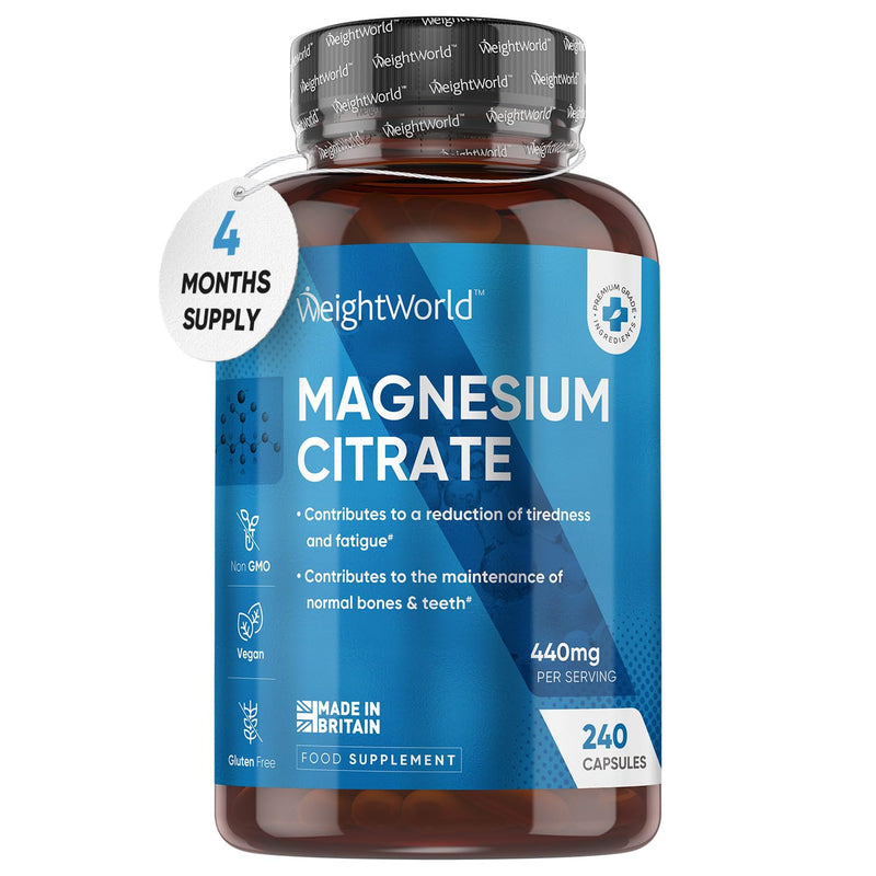 High Strength Magnesium Supplements - 240 Vegan Magnesium Citrate Capsules 1480mg - Providing 440mg High Absorption Elemental Magnesium - 4 Months Supply - Not Magnesium Tablets - Made in The UK - BeesActive Australia