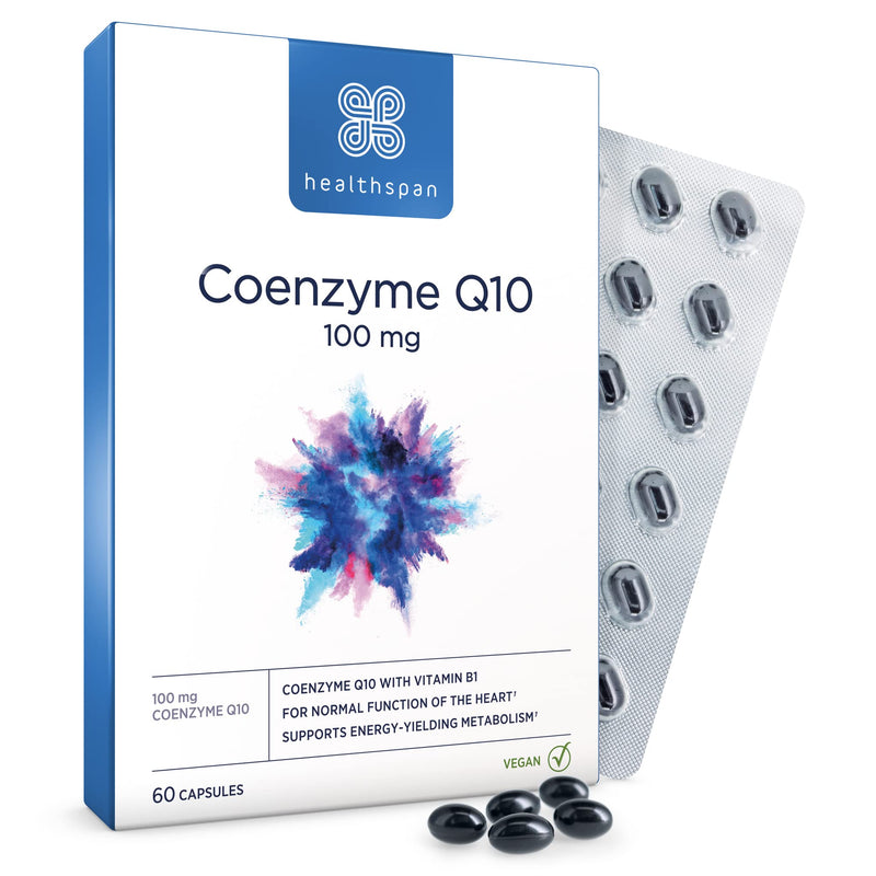 Healthspan Coenzyme Q10 100mg | 60 Capsules | Supports Heart Health & Energy Metabolism | Added Vitamin B1 | All Natural CoQ10 Fermented for Optimum Purity | Sunflower Oil Base | Vegan - BeesActive Australia