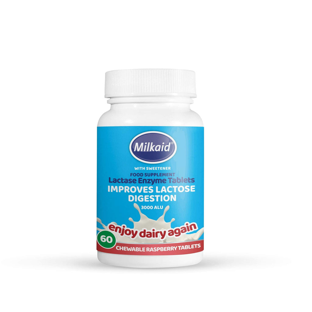 Milkaid Lactase Enzyme Chewable Tablets for Lactose Intolerance Relief | Prevents Gas, Bloating & Diarrhoea | Fast Acting Dairy Digestive Supplement | Gluten Free & Vegan | 60 tablets - BeesActive Australia