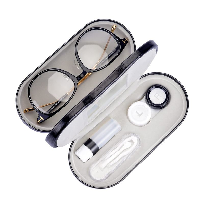 Muf 2 in 1 Double Sided Portable Contact Lens Case and Glasses Case,Dual Use Design with Built-in Mirror, Tweezer and Contact Lens Solution Bottle Included for Travel Kit(Black) Black - BeesActive Australia