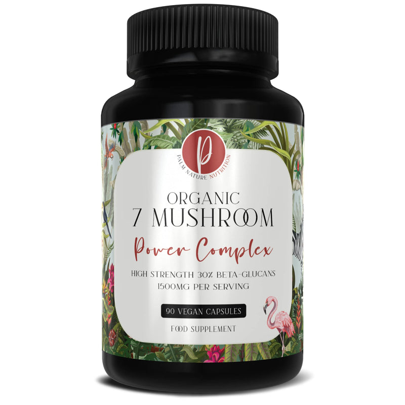 Palm Nature 7 Mushroom Complex - High Strength Extracts Not Powders - 30% Beta-Glucans - 90 Capsules - 1500mg Per Serving - Lions Mane, Chaga, Reishi, Shiitake, Maitake, Tremella, Cordyceps - BeesActive Australia