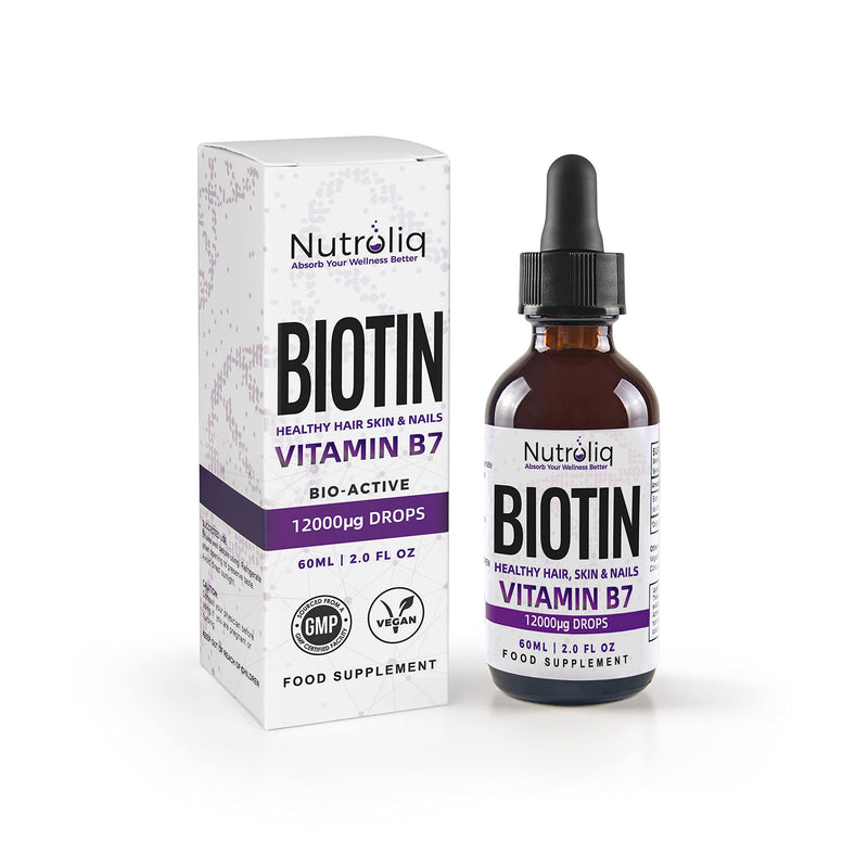 Nutroliq Biotin Liquid Drops - Vegan Vitamin B7 Dietary Supplement for Hair, Nail & Skin Health - Pure 12000mcg Biotin Drops for Hair Growth - Extra Strength Berry-Flavoured Vitamin H Serum - 60 ml - BeesActive Australia