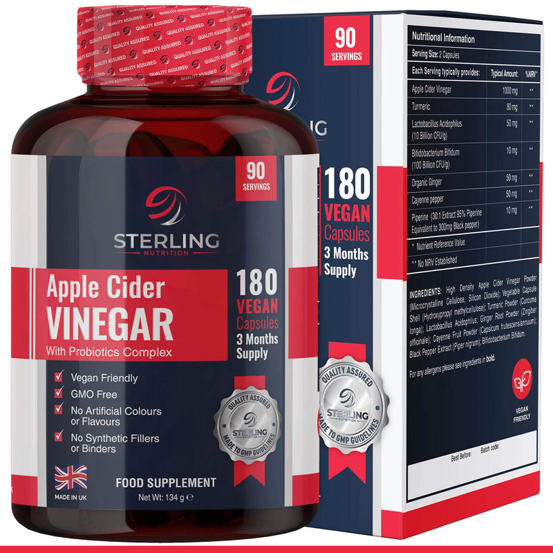 Apple Cider Vinegar Complex with Added Probiotics - 180 ACV Max Strength Vegan Capsules - 3 Month Supply - Made in UK - by Sterling Nutrition - BeesActive Australia