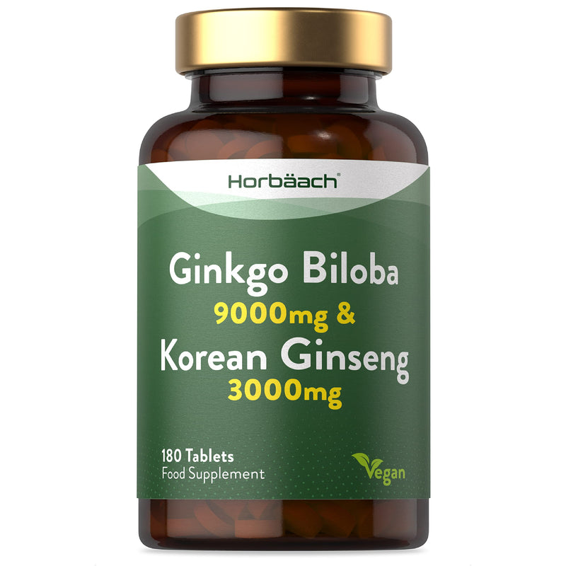 Ginkgo Biloba and Ginseng Tablets | High Strength | Ginkgo 9000mg & Korean Ginseng Root 3000mg | 180 Vegan Tablets | by Horbaach - BeesActive Australia