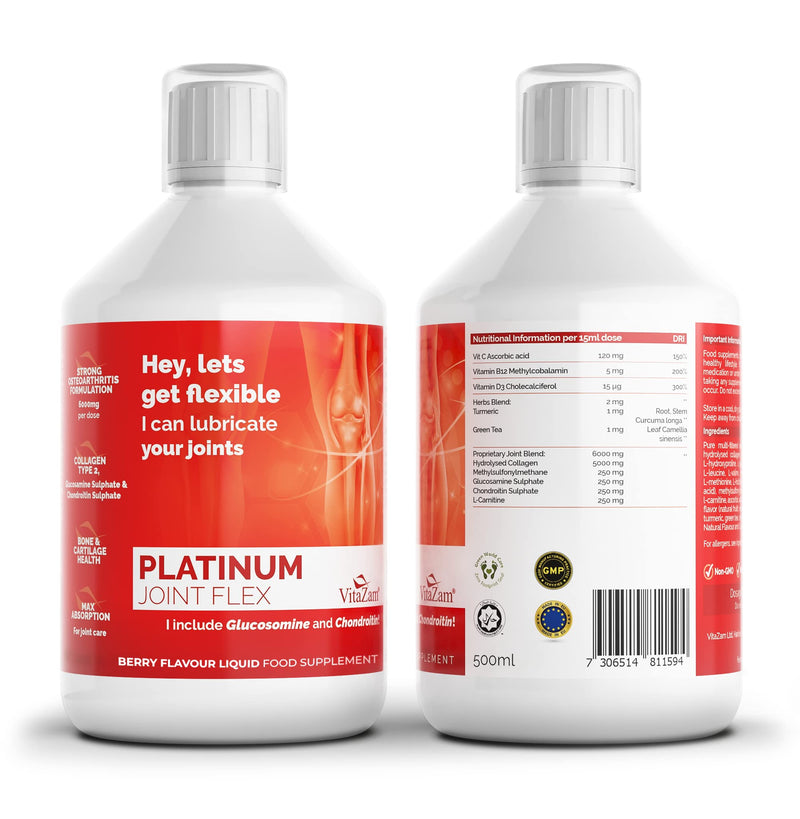 VitaZam Glucosamine and Chondroitin High Strength Platinum Joint Flex 500 ml Liquid MSM, Chondroitin Sulphates with Strong Osteoarthritis Formulation for Bones and Joint Health, Berry Flavour - BeesActive Australia