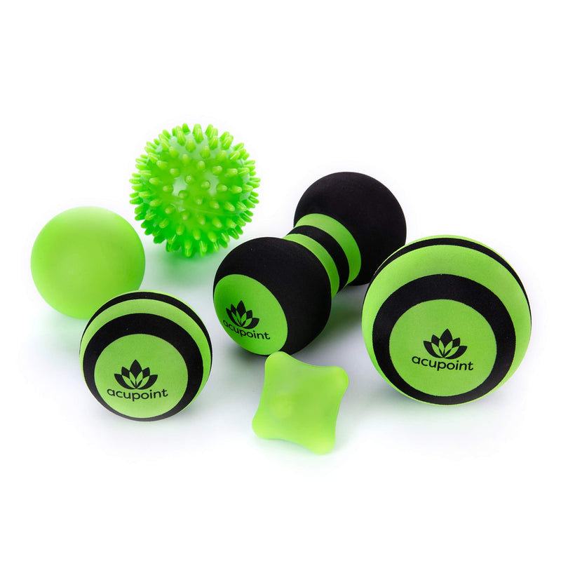 Acupoint Massage Ball Set 6 Physical Therapy Balls for Post Workout Deep Tissue Trigger Point Myofascial Release Lacrosse Ball Peanut Ball Spiky Ball Hand Therapy Ball Lg & Sm Foam Balls Green - BeesActive Australia