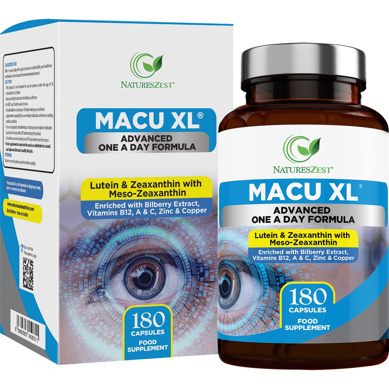 Macu XL - Lutein and Zeaxanthin Supplement - 6 Month Supply with Meso Zeaxanthin, Bilberry Extract, Vitamins A, B12 & Zinc, 180 Vegan Capsules - Eye Supplement for Vision Health � Packaging May Vary - BeesActive Australia