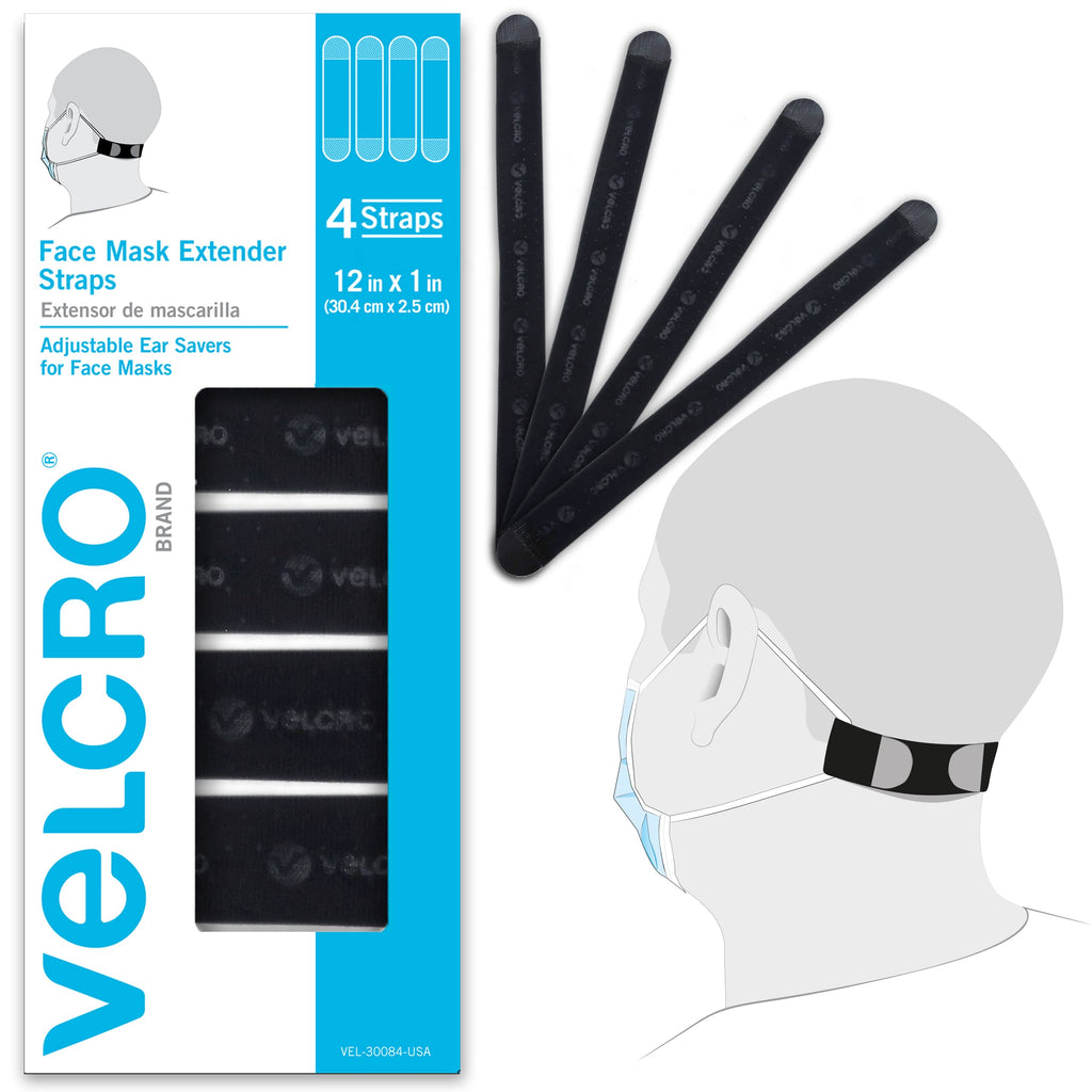 VELCRO® Brand | Face Mask Extender Straps | Comfortable and Adjustable Ear Savers | Black | 30.4cm x 2.5cm | Set of 4 - BeesActive Australia