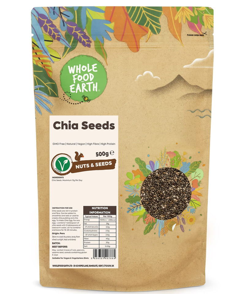 Wholefood Earth - Chia Seeds 500 g | GMO Free | Natural | Vegan | High Fibre | High Protein Single - BeesActive Australia