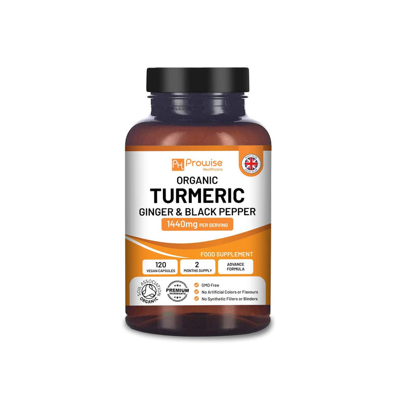 Organic Turmeric Capsules High Strength 1440mg | 120 Capsules with Black Pepper, Ginger & Active Ingredient Curcumin (2 Month Supply) | Turmeric Capsules High Strength Made In UK by Prowise Healthcare - BeesActive Australia