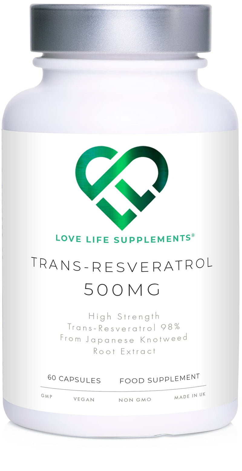 High Strength Trans-Resveratrol - 98% Purity (3rd Party Tested) | 500mg x 60 Capsules / 60 Servings | from Japanese Knotweed Root Extract | Pure Fill (Nothing Else Added) | Love Life Supplements - BeesActive Australia