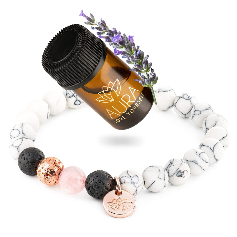 AURA LOVE YOURSELF Relaxation Gift for Women Healing Stress Relief Gift for MUM Lava Rock Bracelet Yoga Beads with Lavender Essential Oil Calming Aromatherapy Diffuser Stone Beaded Bracelet Self Care White Howlite Lava - BeesActive Australia