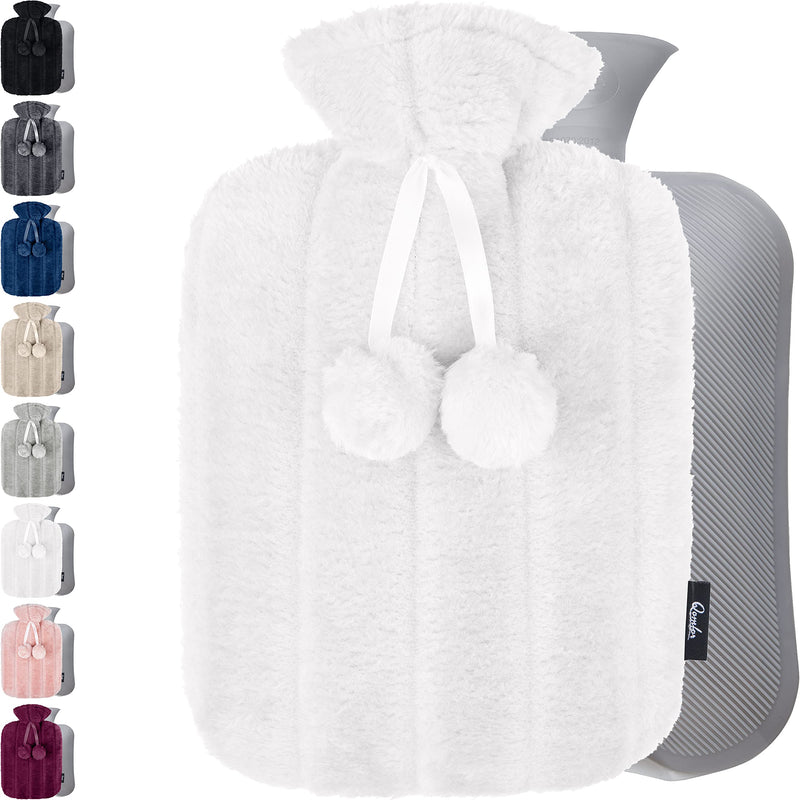 Hot Water Bottle with Soft Cover - Premium Fluffy Faux Fur Cover - 1.8l Large Capacity - Hot Water Bag for Period Pain, Neck and Shoulders, Back, Warm Feet & Cosy Nights - Great Gift for Women - White - BeesActive Australia