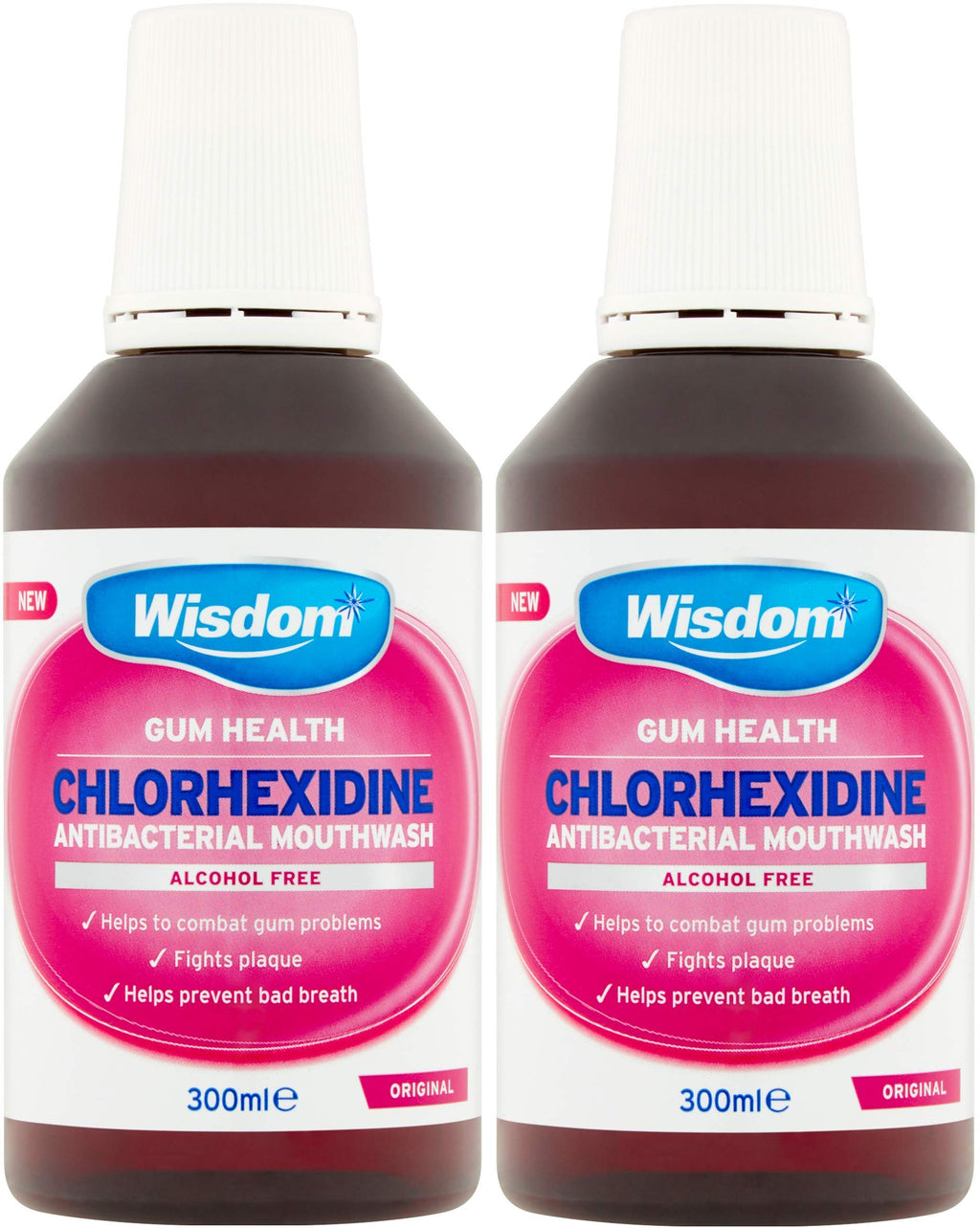 Wisdom Chlorhexidine Mouthwash - Original - Alcohol Free (2 x 300ml Bottles) 300 ml (Pack of 2) - BeesActive Australia