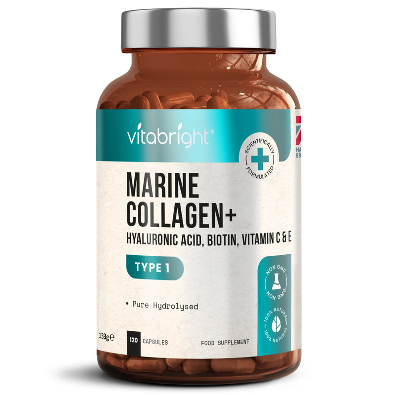 Marine Collagen Capsules 1000mg - 120 Capsules - 9 Powerful Skin Supporting Nutrients - Type 1 Hydrolysed Pure Marine Collagen with Hyaluronic Acid - Marine Collagen Supplement by VitaBright - BeesActive Australia