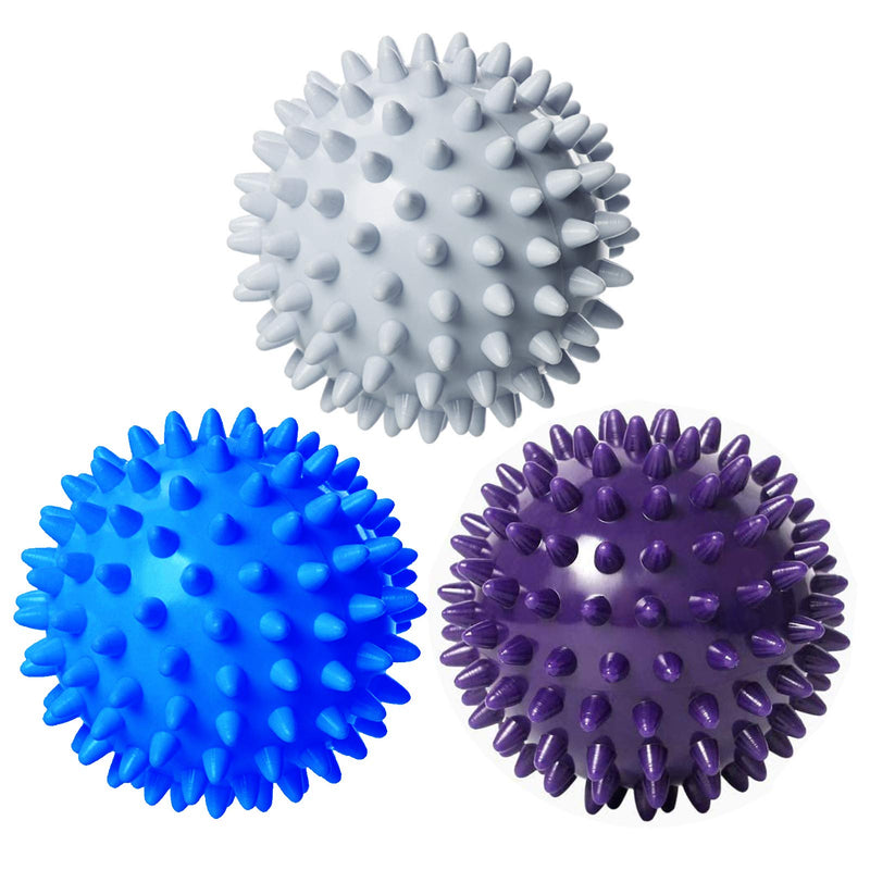 Anvin Spiky Massage Balls Pack of 3 Muscle Roller Lacrosse Balls for Plantar Fasciitis Back Shoulder Pain Relief Foot Muscles, Trigger Point Yoga, Deep Tissue, Stress Reflexology (Silver/Blue/Purple) - BeesActive Australia