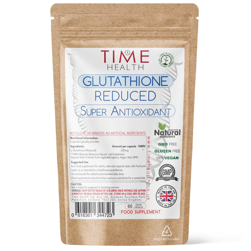 Glutathione Reduced - 320mg - UK Made - Zero Additives - Vegan - Pullulan (60 Capsule Pouch) 60 Count (Pack of 1) - BeesActive Australia