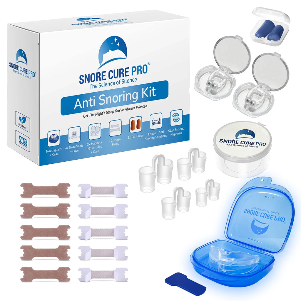 Anti Snore Devices Kit | 1 Mouth Guard | 10 Nasal Strips | 4 Nose Vents | 2 Nose Clips | Ear Plugs | Custom Stop Snoring Hypnosis Recording + Ebook | Premium Snoring aids for Men & Women - BeesActive Australia