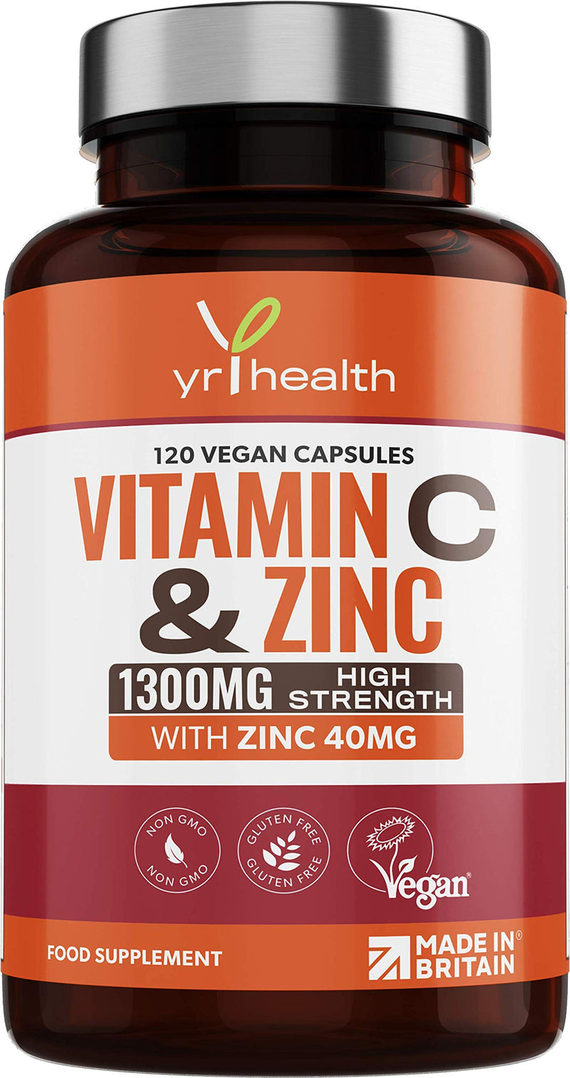 Vitamin C 1300mg and Zinc 40mg High Strength - VIT C and Zinc for Maintenance of Normal Immune System - 120 Vegan Capsules not Tablets - 2 per Daily Serving - Made in The UK by YrHealth - BeesActive Australia