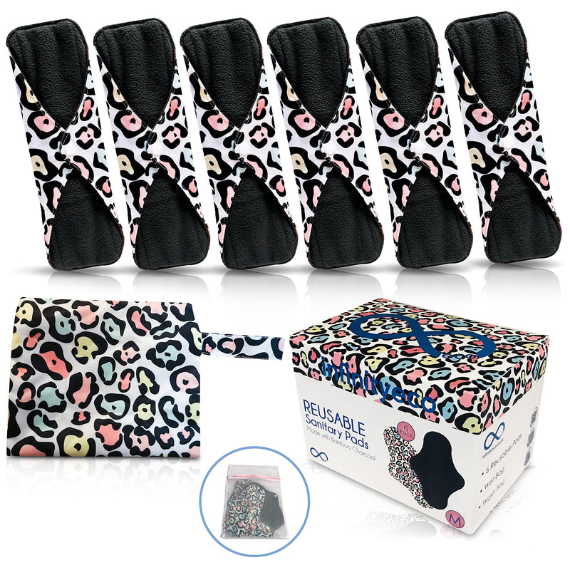 Large Reusable / Washable Menstrual / Sanitary Towels / Pads (6 Pads / washbag / travelbag ) an eco Friendly Alternative Made with Bamboo Charcoal by Infinityeco - Pop Leopard (Large) With Wings Large - BeesActive Australia