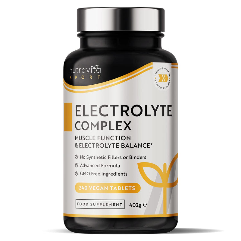 Electrolyte Complex - High Strength Tablets with Added Magnesium, Potassium & Calcium - Muscle Function and Electrolyte Balance - 240 Vegan Tablets - No Synthetic Binders - Made in The UK by Nutravita - BeesActive Australia