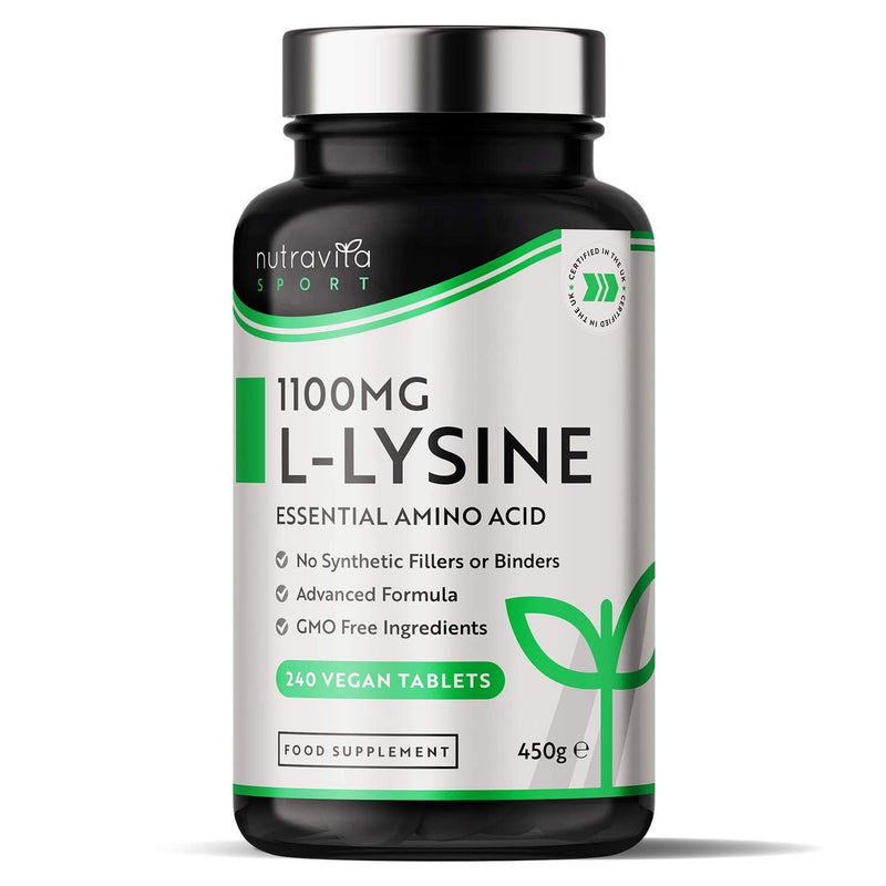 L-Lysine 1100mg High Strength - 240 Vegan & Gluten Free Tablets (8 Month Supply) - Cold Sore Treatment, Essential Amino Acid Supplement - Normal Growth and Muscle Turnover - Made in The UK - Nutravita - BeesActive Australia