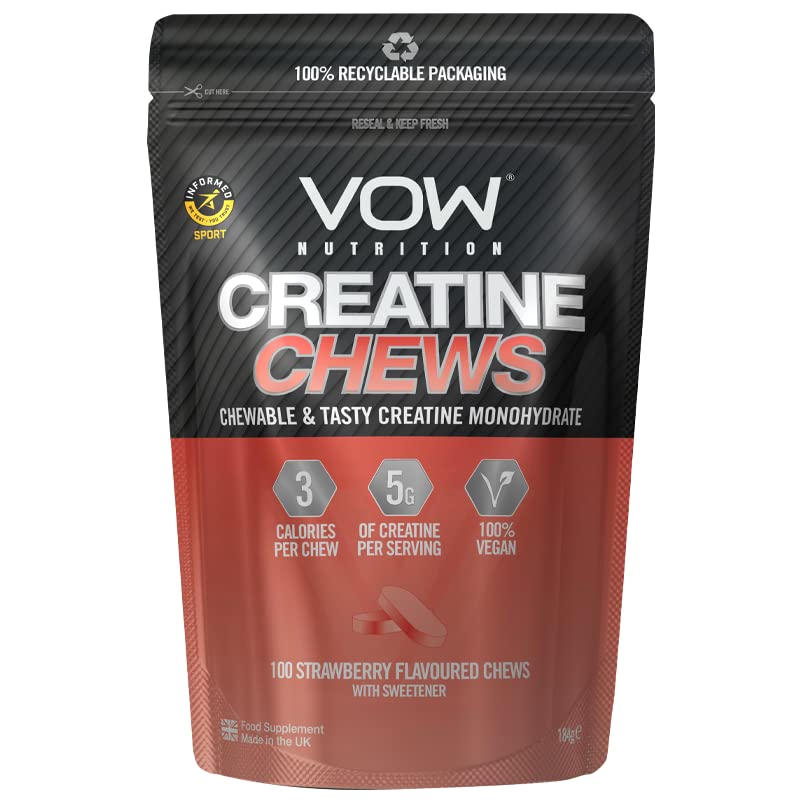 VOW Nutrition Creatine Chews,100 Strawberry Flavoured Chews, Creatine Monohydrate, Convenient & Tasty Chewable Creatine Informed Sports Approved (Strawberry) - BeesActive Australia