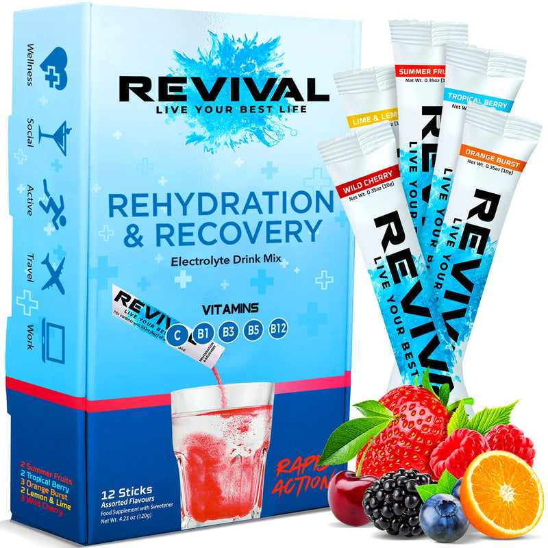 Revival Rapid Rehydration Electrolytes Powder - High Strength Vitamin C, B1, B3, B5, B12 Supplement Sachet Drink, Effervescent Electrolyte Hydration Tablets - 12 Pack Assorted Flavours 12 Count (Pack of 1) - BeesActive Australia