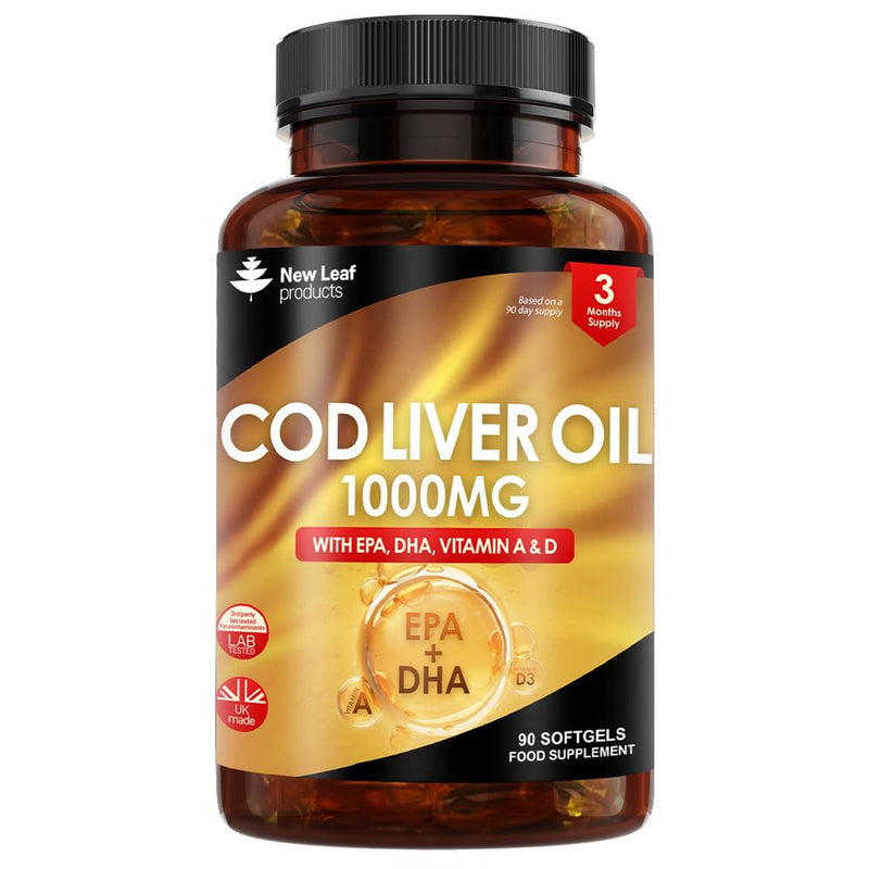 Cod Liver Oil Capsules 1000mg - 90 Cod Liver Capsules High Strength Softgels- Cod Liver Oil Rich in Omega 3 EPA DHA Fatty Acids + Vitamins A & D, High Strength Fish Oil - UK Made, by New Leaf - BeesActive Australia
