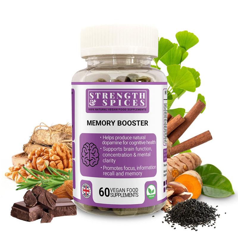 Strength & Spices Memory Booster, Memory and Focus Supplement with Ginkgo Biloba and 22 Super Ingredients, Plant-Based Brain Supplement for Improved Mood, Clarity, and Alertness, 1000mg, 60 Capsules - BeesActive Australia