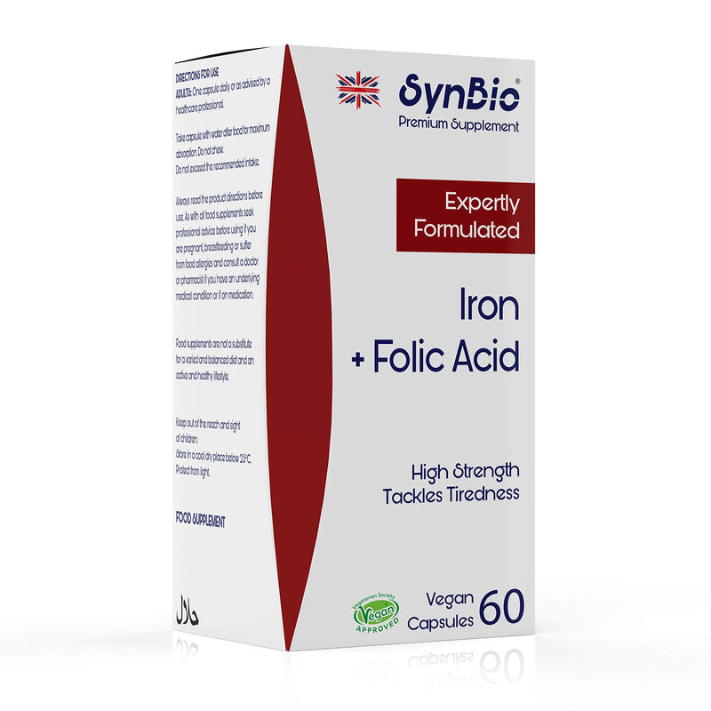 SynBio Premium - Iron + Folic Capsules | Vegan Certified | Tackles Tiredness & Supports General Health | Halal | Kosher | Gelatin Free | Sugar Free | Salt Free | SOYA Free | Made in The UK - BeesActive Australia