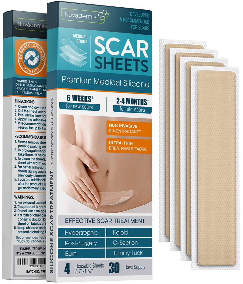 Silicone Scar Removal Sheets - Keloid, C Section, Post Surgery & Acne Scars Treatment - 2 Month Supply - Silicon Soft Long Strips & Sheets 5.7" x 1.57" - Healing Alternative to Gel, Tape, & Cream 4 Count (Pack of 1) - BeesActive Australia