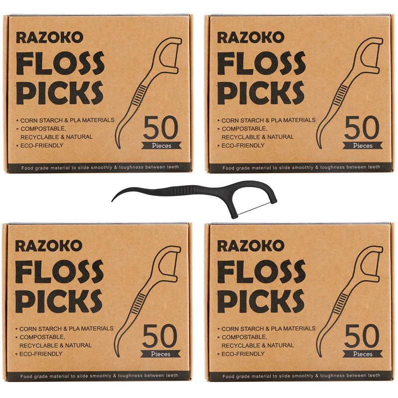 Natural Dental Floss Picks High Toughness Charcoal Toothpicks Sticks-Vegan,Eco-Friendly Sustainable Flossers for Teeth Cleaning (200 Count) 4 Count (Pack of 1) - BeesActive Australia
