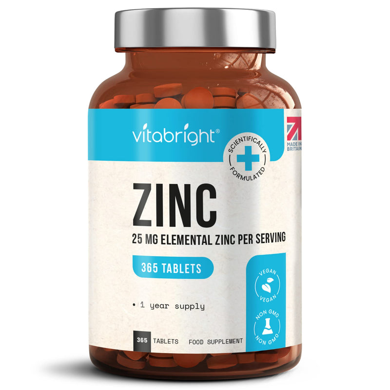 Zinc Tablets High Strength - 25mg Elemental Zinc � 365 Vegan Tablet Pills (1 Year Supply) � Zinc Gluconate - Chelated Zinc Supplements for Immune System, Hair, Skin, Bones, Nails � Made by VitaBright - BeesActive Australia