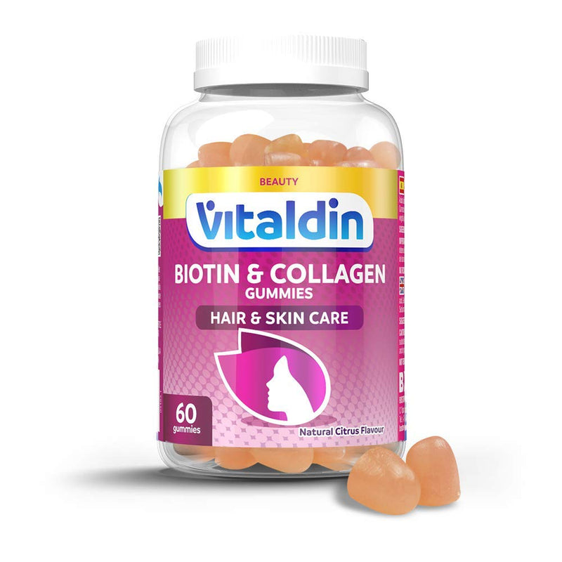 VITALDIN Biotin & Collagen Gummies � Beauty Supplement � 2500 mcg Biotin, 100 mg Collagen, Vitamins C + E � 60 Chewable Gummies (1 Month Supply), Citrus Flavour � Hair & Skin Support � Gluten Free - BeesActive Australia