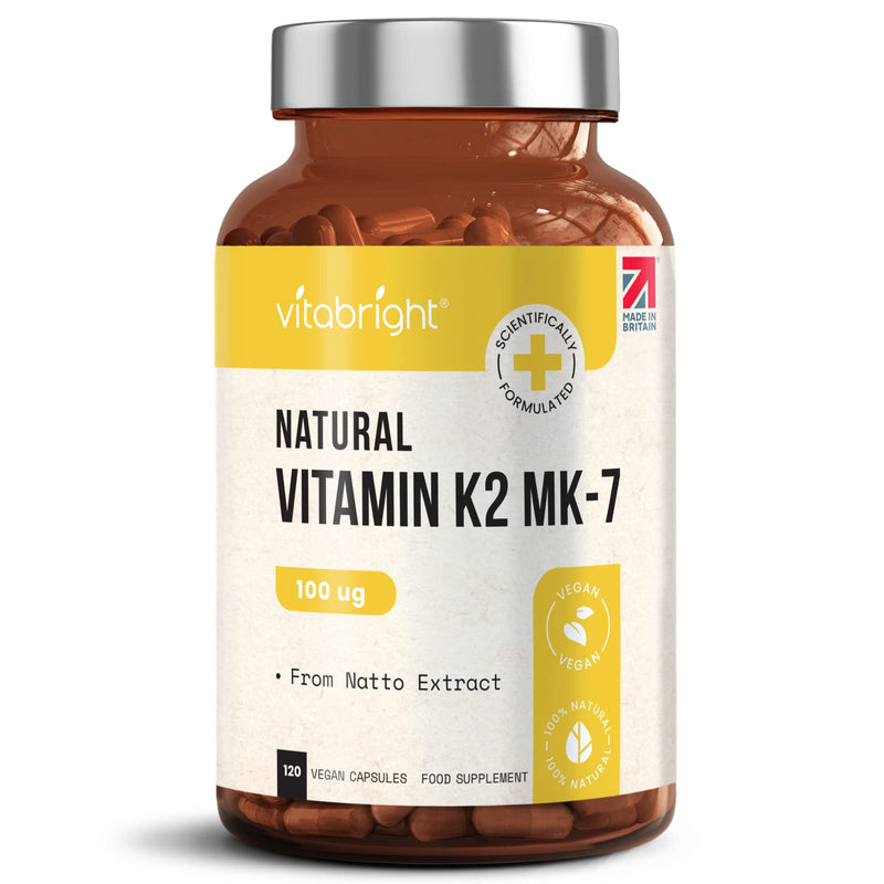 Vitamin K2 MK-7 - Optimal Strength 100mcg - from Natto - Sourced from Plant-Based Natural Ingredients - 120 Easy to Swallow Vegan Capsules (Not Tablets) - Menaquinone-7 - Made in UK by VitaBright - BeesActive Australia