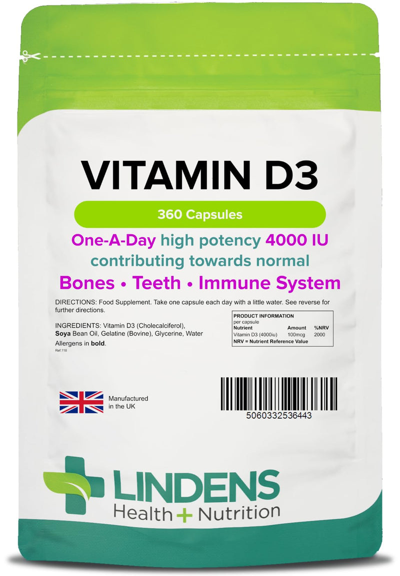 Lindens Vitamin D3 4000IU 360 Capsules for a Healthy Immune System � Sunshine Vitamin, Reduces Tiredness and Supports Healthy Bones and Teeth � 2000% NRV � UK Manufacturer, Letterbox Friendly 360 Count (Pack of 1) - BeesActive Australia