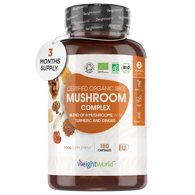 Organic Mushroom Complex 8-180 Capsules - 1000mg - Lion's Mane and 7 Mushroom Blends (Reishi, Chaga, Cordyceps, Shitake, Oyster, Maitake & Coprius) - Added Turmeric & Ginger - Vegan Capsules - BeesActive Australia