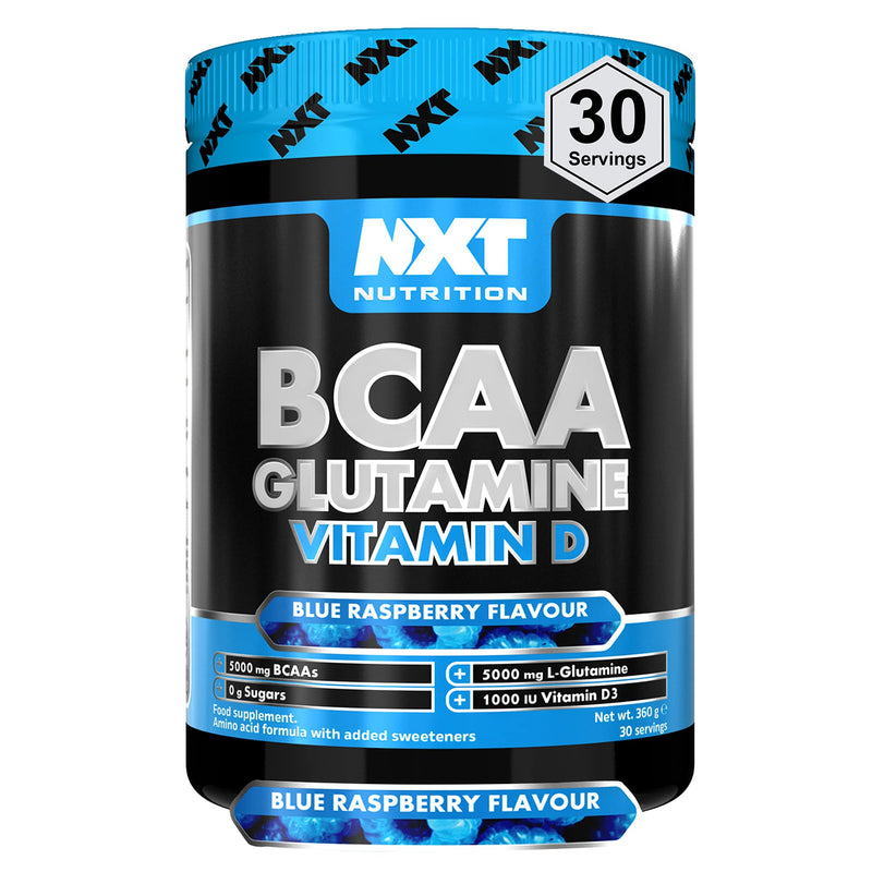 NXT Nutrition BCAA, Glutamine & Vitamin D | BCAAs Amino Acids with Vitamin D3 and L-Glutamine - for Recovery, Gut Health and Muscle Protein Synthesis | 360g - 30 Servings (Blue Raspberry) - BeesActive Australia
