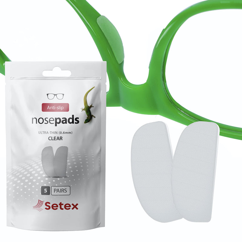 Setex Gecko Grip Glasses Nose Pads (5 Clear Pairs) - Anti-Slip Ultra-Thin 0.6 mm, USA Made, Micro-Structured Fibers, Ultra-Strong Grip, Ultra-Soft, Self Stick Adhesive, 0.6 x 7 x 16 mm 5 Pair Clear Nose Pads - BeesActive Australia